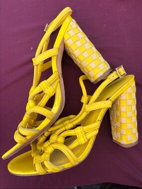 TORY BURCH Yellow Woven Block Heel Sandals - Women's Strappy Dress Heels